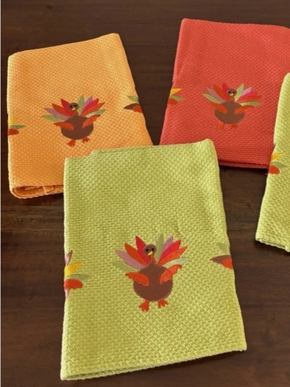Crate&Barrel Waffle Weave Dish or Hand Towels with Embroidered Turkey Motif